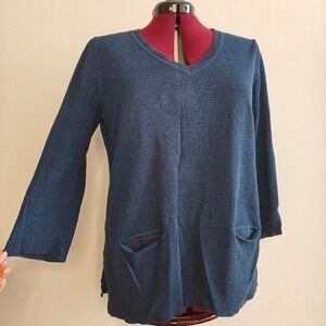 Cupio Womens 3/4 Sleeve Top Knit Sweater V-Neck Navy Blue Cotton Chiffon Pockets